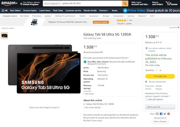 Флагманские планшеты Samsung Galaxy Tab S8 отметились в европейских Amazon — релиз 25 февраля