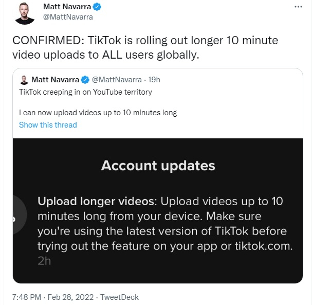 TikTok бросает вызов YouTube, включая поддержку десятиминутных видео
