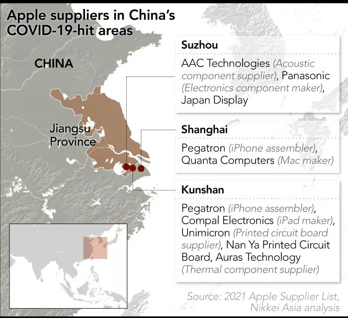 Половина из 200 основных поставщиков Apple оказалась в карантинных зонах Китая