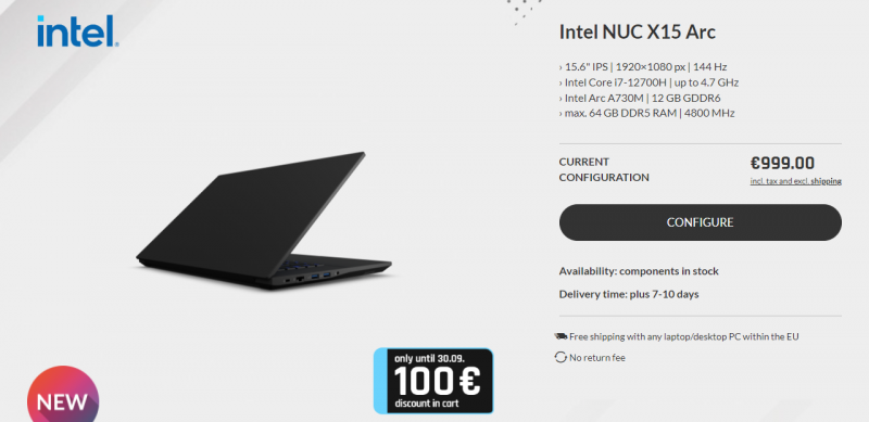 Ноутбук Intel NUC X15 с чипом Core i7-12700H и графикой Intel Arc A730M появился в продаже по цене от €899