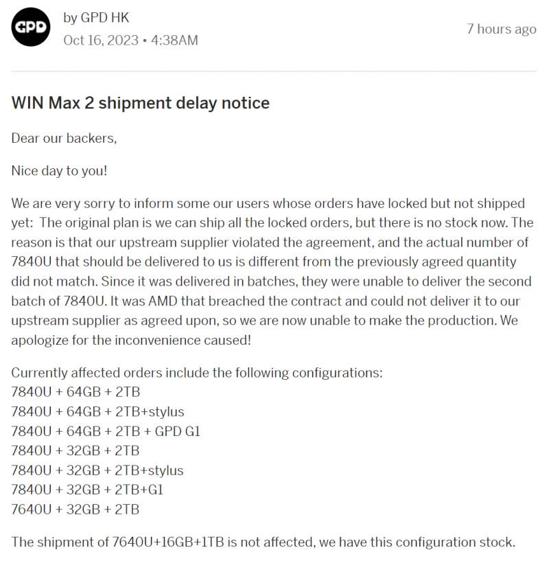 AMD сорвала выпуск игровых мини-ноутбуков GPD Win Max 2, задержав поставки процессоров